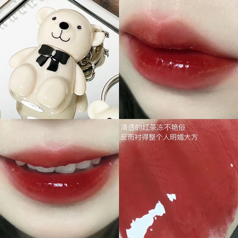 Keychain Lip Glaze Cute Bear Jelly Mirror Liquid Lipstick Waterproof Non-stick Cup Red Pink Lip Gloss Transparent Tinted Makeup