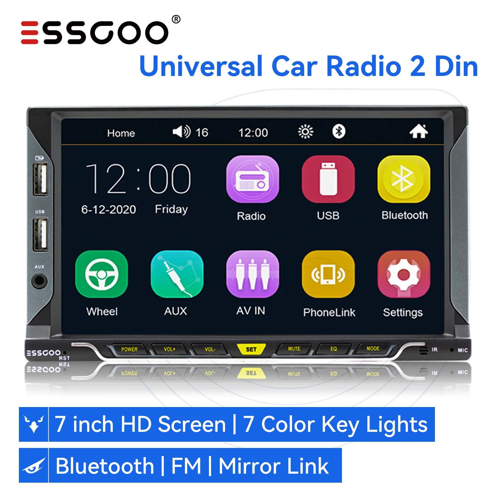 

ESSGOO Car Radio 2 Din 7 Inch Apple Carplay Multimedia Player Touch Screen Audio FM Receiver TF USB Camera Bluetooth Car Stereo