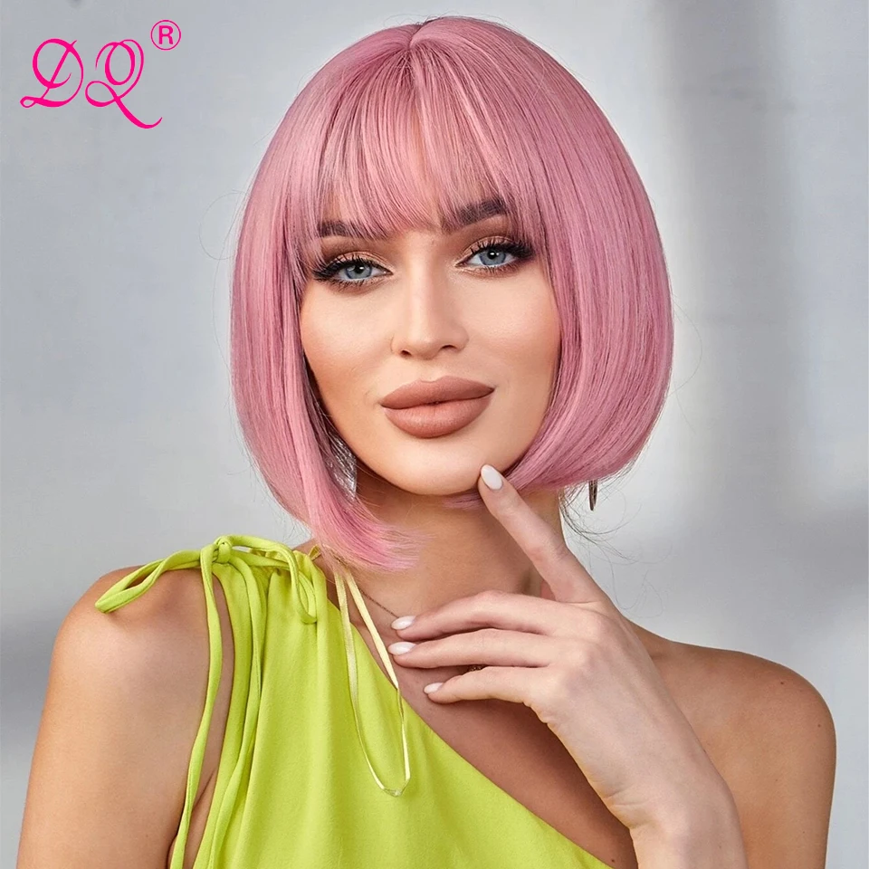 DQ Hair Synthetic Short Bob Wigs With Air Bangs Straight Hair Pink Colored Wig Halloween Party Cosplay Lolita Wig For Women