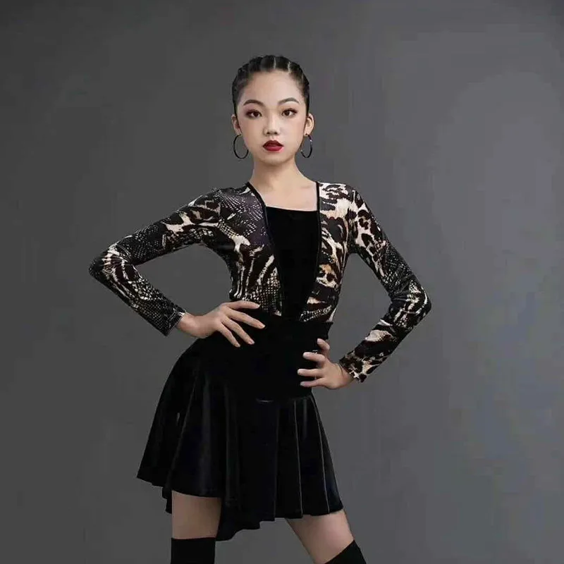 

Children's Latin Dance Dress Girls' Professional Grade Examination Competition Autumn and Winter Long Sleeve Leopard Split Suit