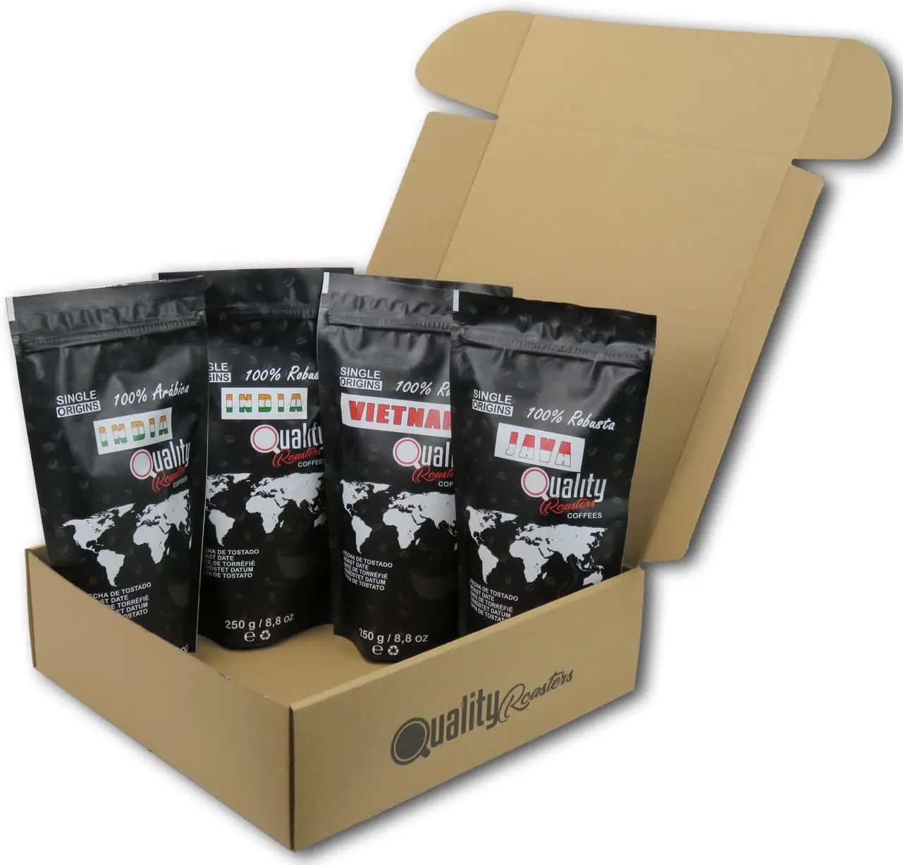 Café en grano natural. Origen Asia: Vietnam, Java e India. Variedad Arábica y Robusta. Tueste Medio Artesanal. Pack de 4x250gr