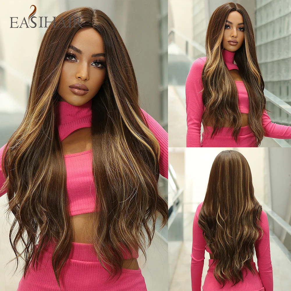 

EASIHAIR Long Brown Synthetic Wigs Blonde Highlight Natural Hair Wig Middle Part for Black Women Wavy Wig Cosplay Heat Resistant