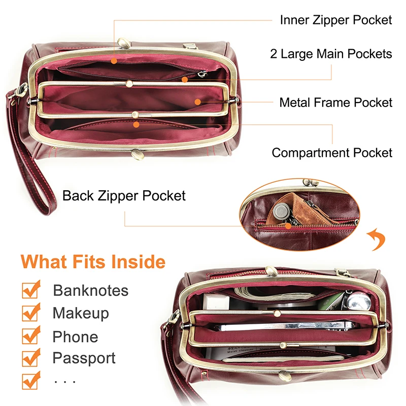 Genuine Leather Women Clutch Wallet Kiss Lock Design Luxury Female Purse Handbag Large Capacity Long Wallet Bag Phone Pocket 6