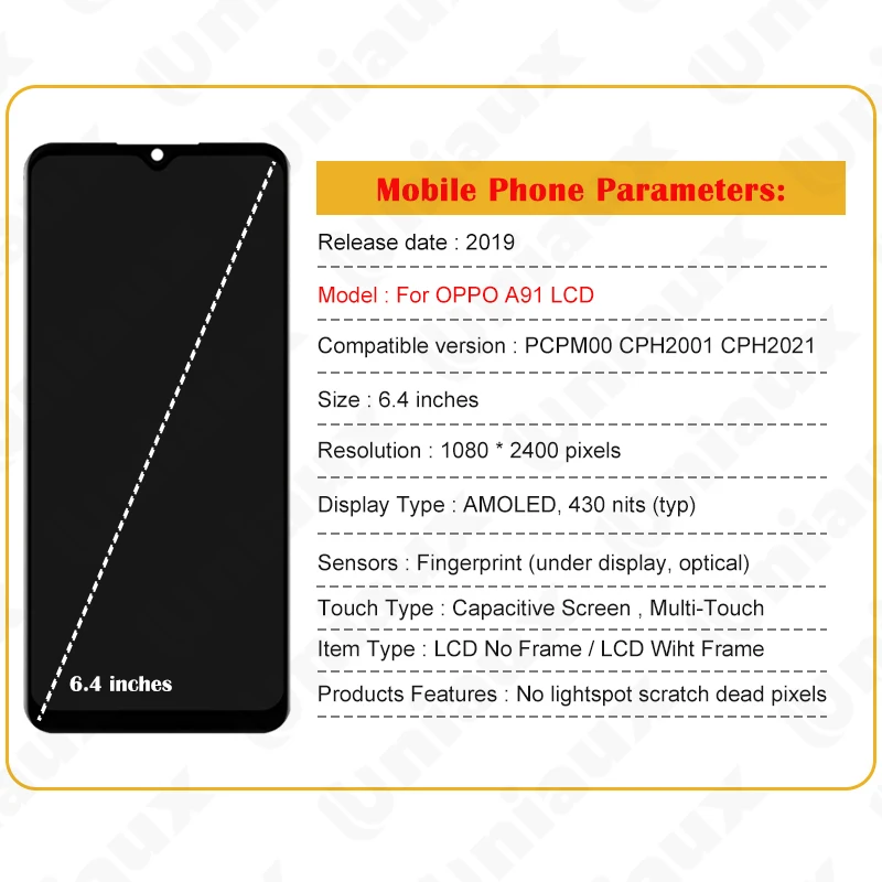 6.4'' Original AMOLED For OPPO A91 LCD PCPM00 CPH2001 CPH2021 Display Touch Screen Digitizer For OPPO A91 LCD Screen Replacement