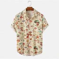 Men's Hawaiian shirt lapel chest pocket short-sleeved colorful element mushroom pattern printed button casual shirt