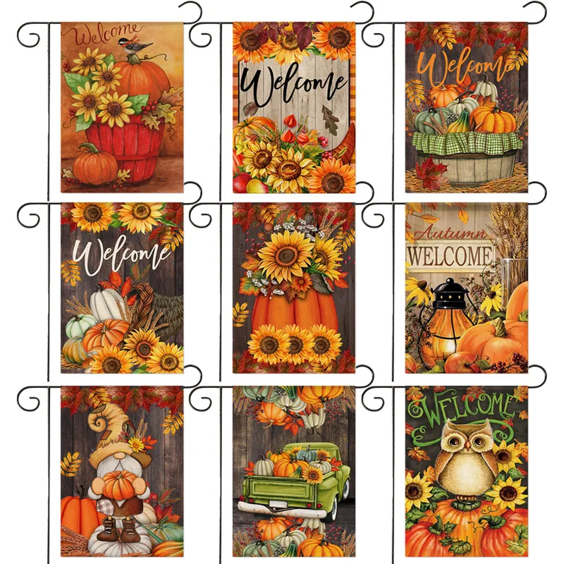

Happy Fall Thanksgiving Dwarfs Sunflowers Pumpkin Owl Garden Flag Double Sided For Holiday Outdoor Yard Decorative Flag
