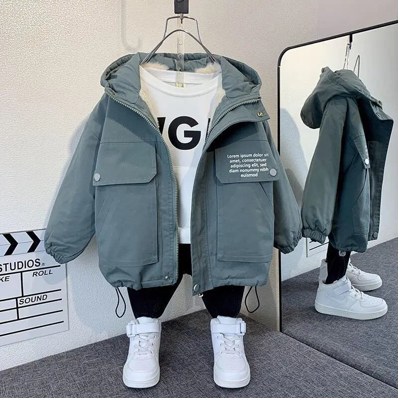 Winter Baby and Boys Hooded Windproof Warm Fleece Lined Drawstring Zip Jackets Children Parka Kids Outfit Tops Coat 2-10Yr Kids Jackets