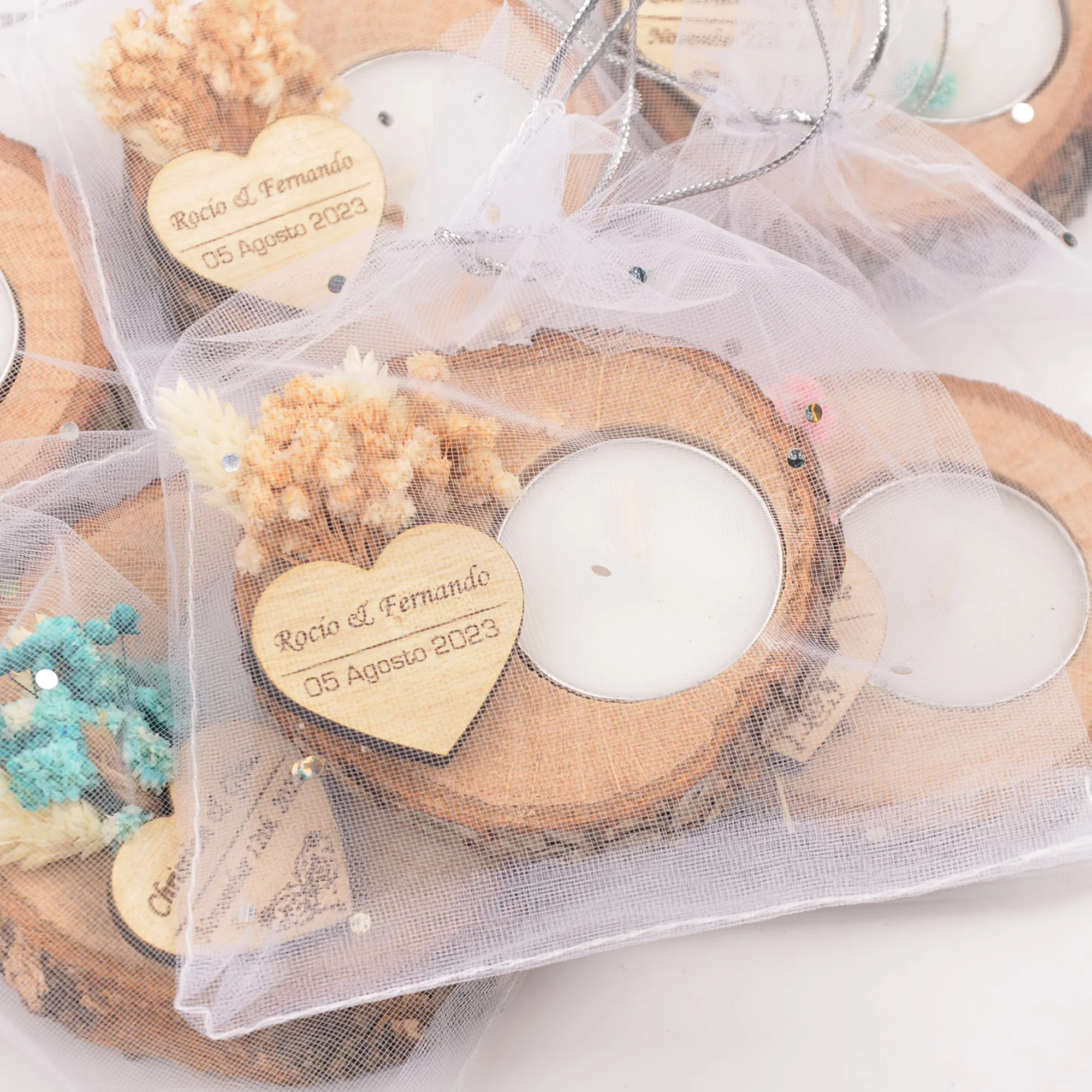 

Wedding Candle Flowers With Gift Bag Wooden Centre Piece Rustic Tea Light Favors Decoration Table Gift for Guests Marriage Decor