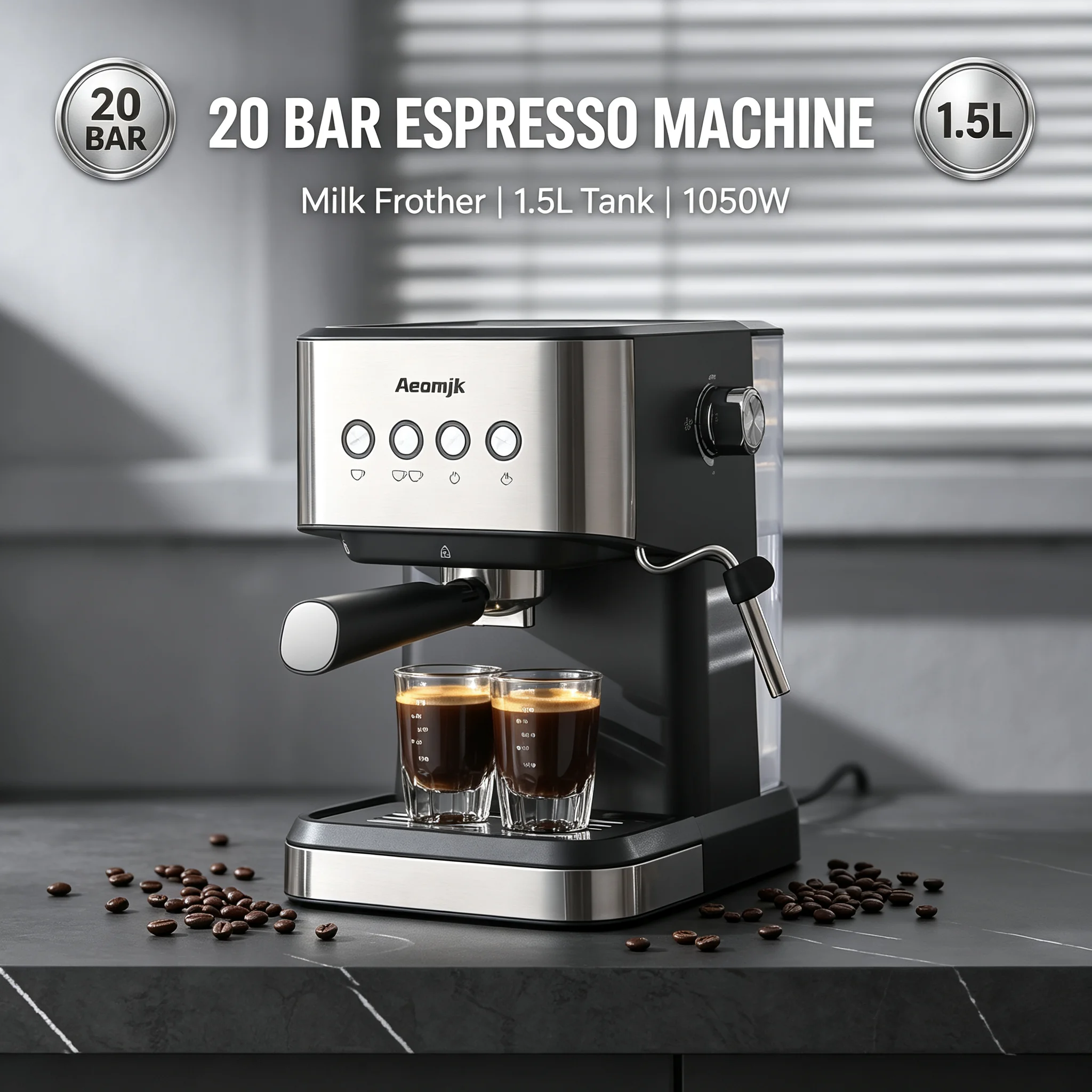 Machine à espresso 20 bars avec mousseur à lait, cafetière semi-automatique, réservoir de 1,5 L, 1050 W, en acier inoxydable, pour cappuccino, latte, usage domestique 1