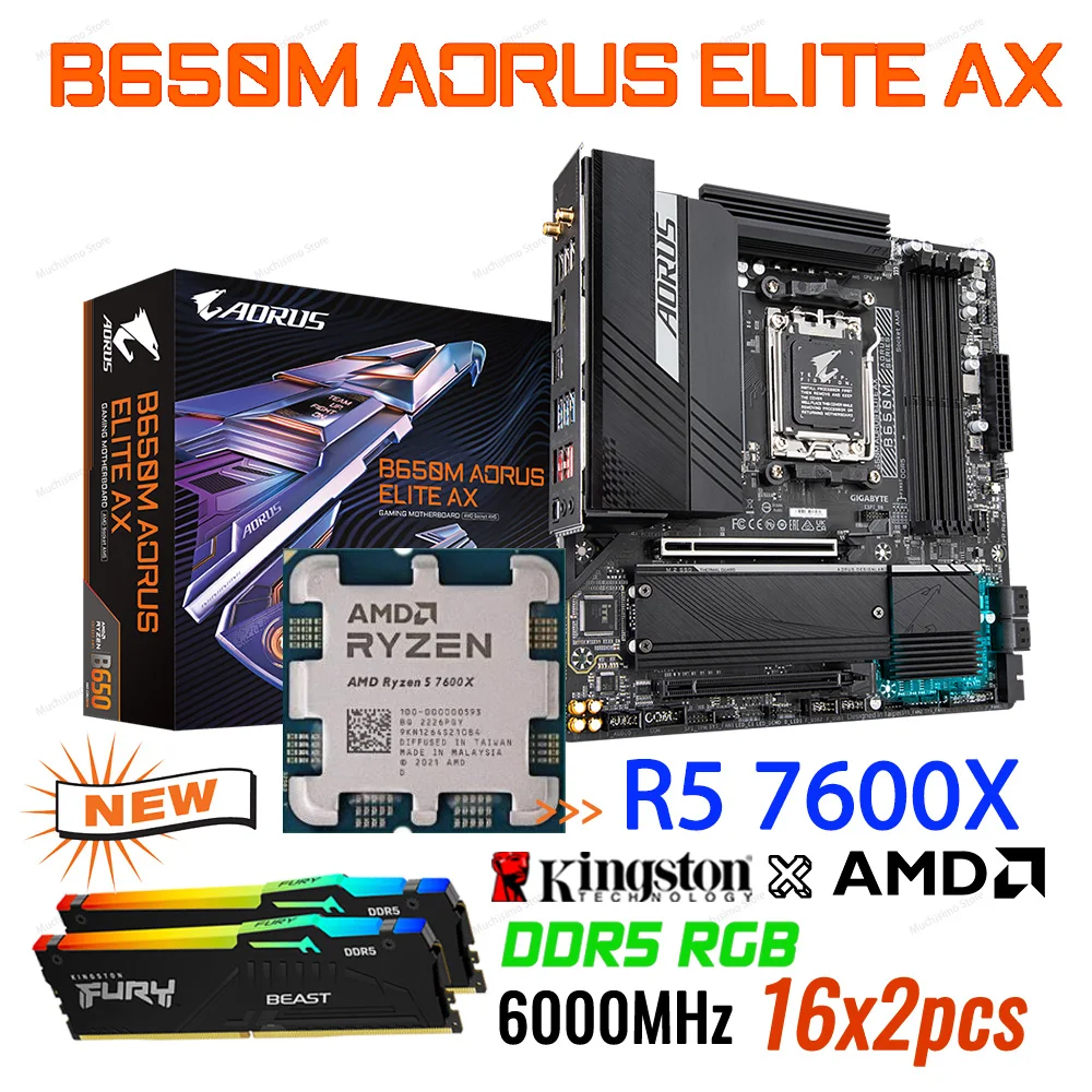 

AMD Ryzen 5 7600X AM5 CPU Combo With Gigabyte B650M AORUS ELITE AX AMD B650 Mainboard Suit R5 7600X Ryzen Kit DDR5 Memory RGB