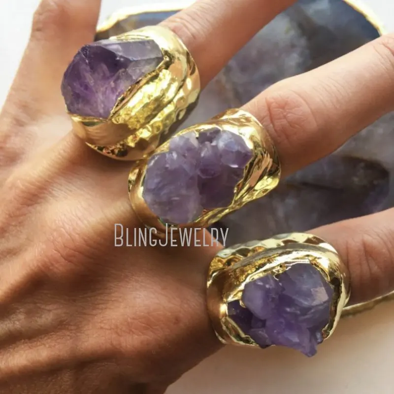 

Amethyst Cluster Gold Color Jewelry Wrap Band Large Purple Crystal Point Adjustable Cuff Engagement Ring Halloween Boho Wedding
