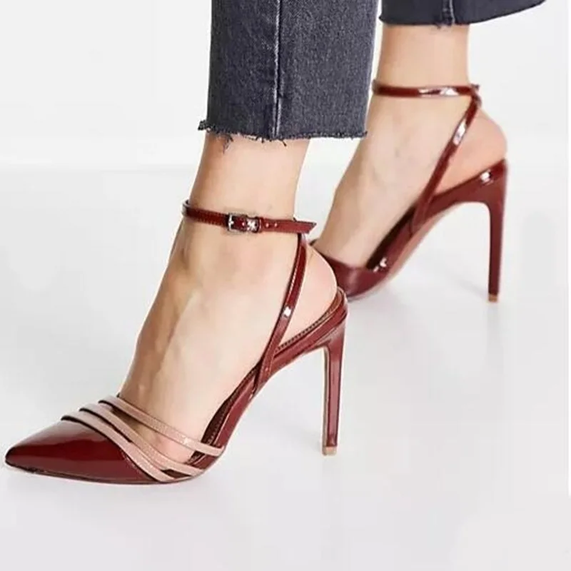 Burgundy Patent Leather Buckle Strap High Heel Shoes Pointed Toe ...