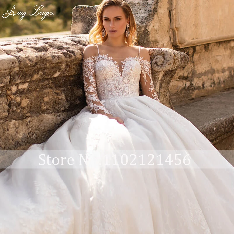 Amy Lvager Gorgeous Appliques Court Train Lace A-Line Wedding Dress Chic Spaghetti Straps Beaded Long Sleeve Vintage Bridal Gown