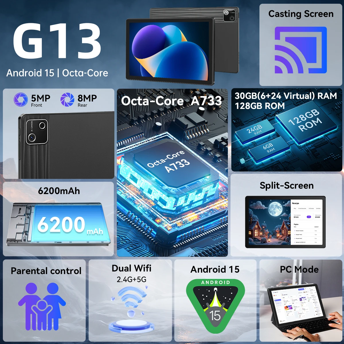 G13 10.1" Android Kids Tablet Octa‑Core Processor,30(6+24)GB RAM 128GB ROM,6200mAh Battery,Parental Control Dual Camera WiFi 6 Children Learning Tablet