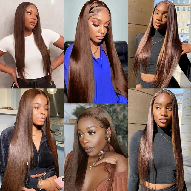 13X4 Chocolate Brown Lace Front Wigs Pre Plucked 30 Inch Brown Colored Bone Straight Synthetic Lace Frontal Wig For Black Women 5