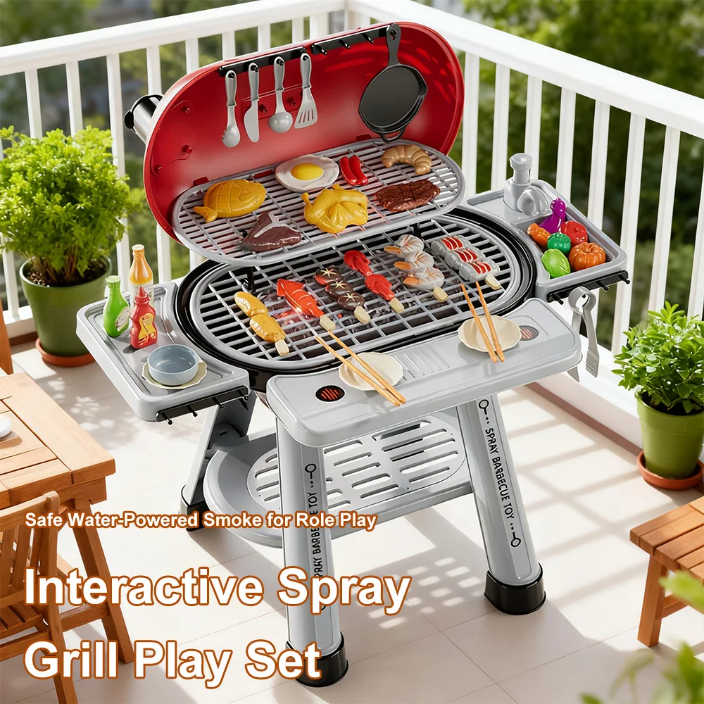 Kids Simulated BBQ Grill Pretend Cooking Play Food Interactive Barbecue Grill Set Educational Cooking Toys For Boys Girls Gift