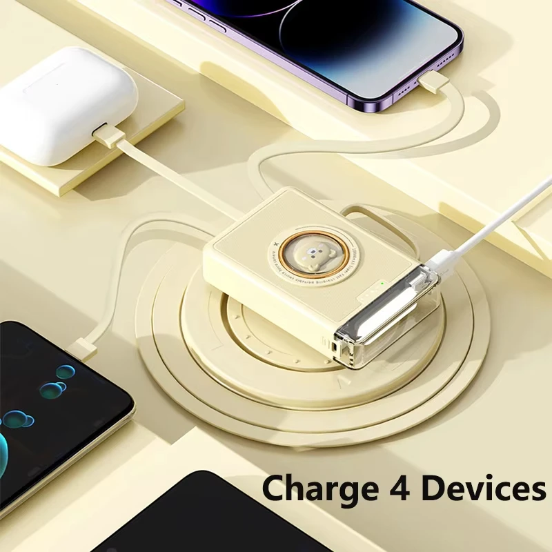 Mini Power Bank 20000mAh Cute Pet Cartoon LED Light Powerbank Built in 4 Cable Portable Charger External Battery Pack Power Bank 5