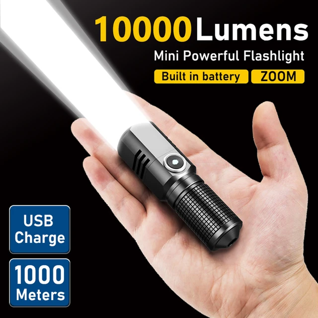 Mini lampe de poche Led puissante, 10000 Lumens, avec batterie intégrée, 3  Modes, Rechargeable par Usb