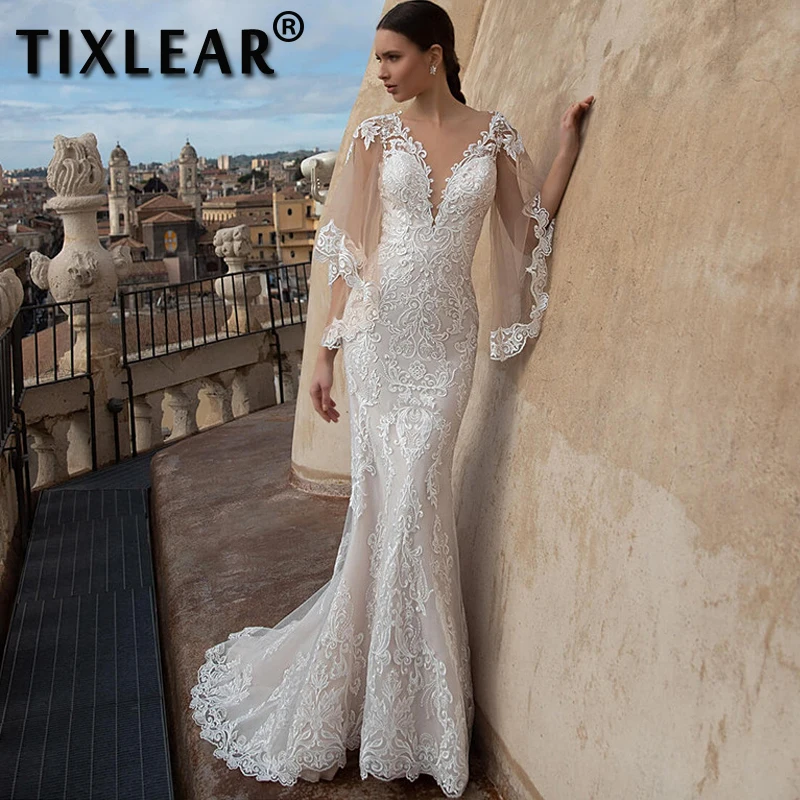 

TIXLEAR Elegant V-Neck Mermaid Wedding Dresses Half Sleeves Lace Appliques Illusion Beach Bridal Gowns Floor Length Custom Made