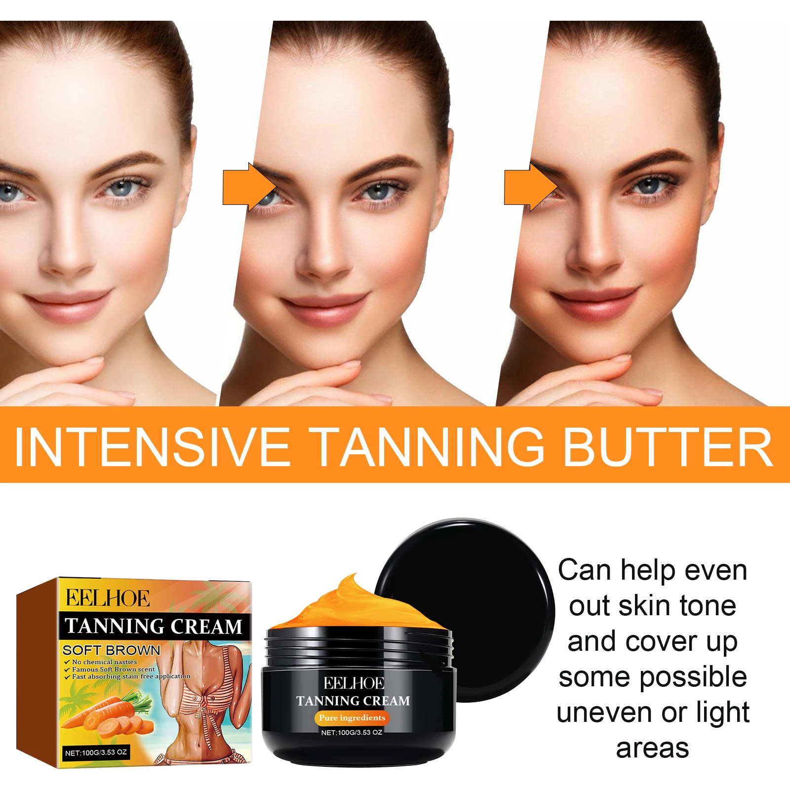 EELHOE Carrot Body Tanning Cream Summer Beach Outdoor Tanning Bronzer Skin Moisturizing Smoothing Sunless Body Tanning Cream