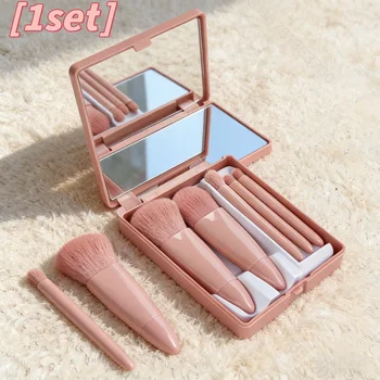 1 Set Chic Pink Makeup Brush Set - Mirror Compact, 5pcs Soft Bristles Versatile for Blush Eye Foundation 1
