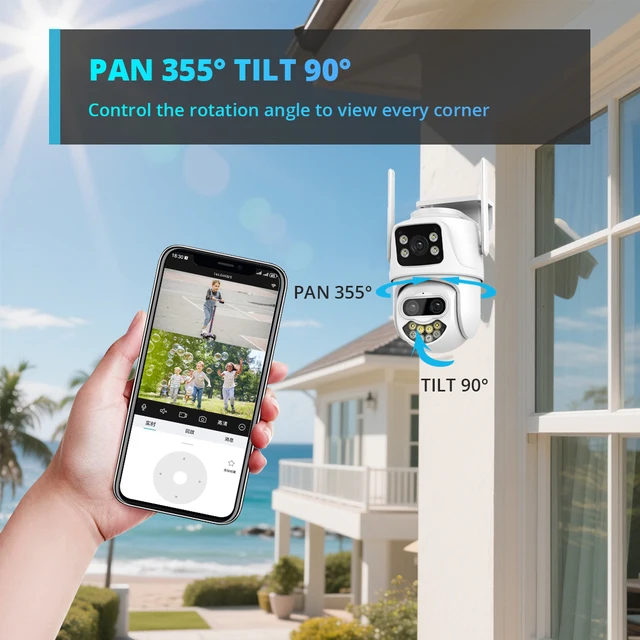 9MP 6MP Wifi Camera IP Outdoor PTZ Security Three Lens Dual-Screen Ai Humanoid Detection Auto Tracking Surveillance Camera iCSee 3