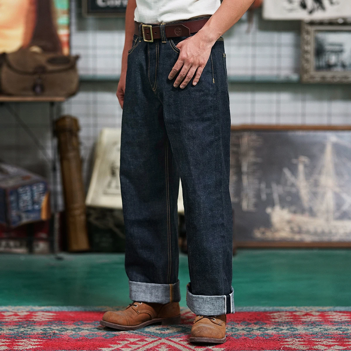Men’s Vintage Jeans High Waist Loose Straight 17OZ Wide Leg Selvedged Denim Amekaji Cowboy Motorcycle Pants for Male 4