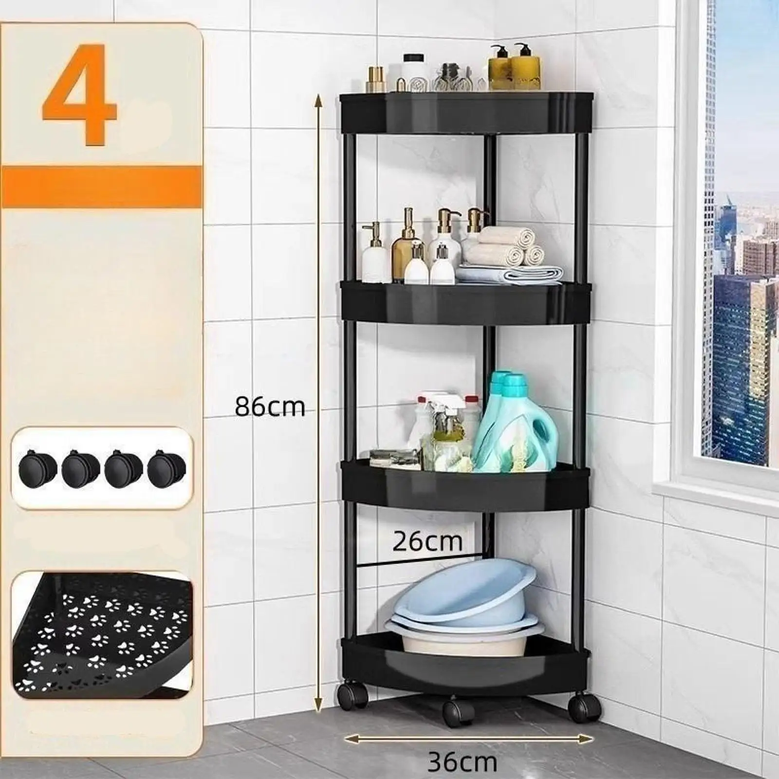 4-Layer Multipurpose Plastic Corner Rack Metal Pipe Floor Corner Shelf Basket