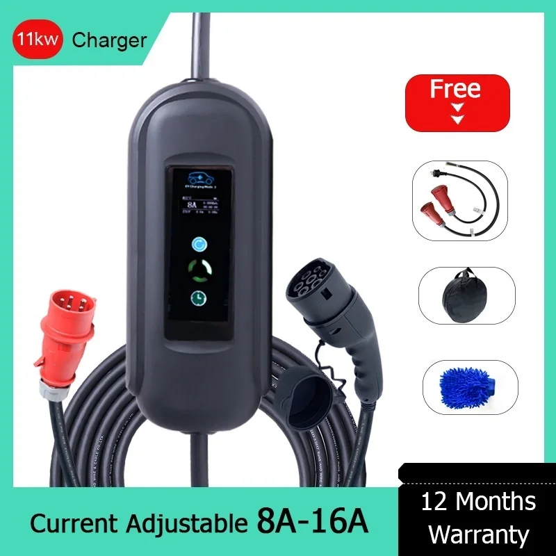 

Type 2 16A 11KW IEC 62196 Fast EV Charging Cable Portable With Current Adjustable CE For Electric Car 3 Phase