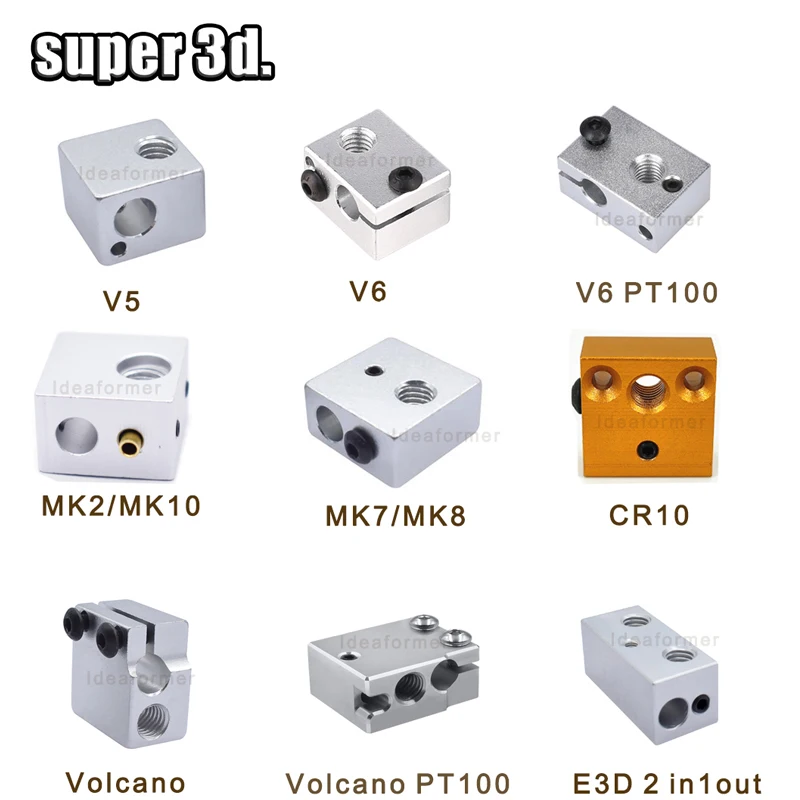 3D Printer Parts 1 pcs 3D Heat Block E3D V5 V6 MK7 MK8 MK2 MK10 Volcano PT100 CR10 2 IN 1 OUT Aluminum/Brass For Hotend