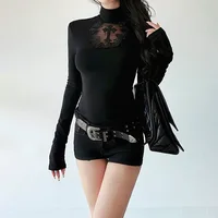 Femmes col roulé gothique croix foncée évider T-shirts à manches longues noir décontracté coupe ajustée pulls Harajuku voir à travers Y2K hauts 5