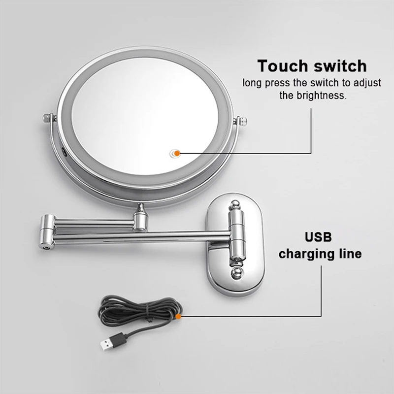 8 inch Makeup Mirror Chrome 3x/5x/7x/10x Magnifying Double Side USB Charging Bathroom 3 color light Smart Cosmetic Mirrors 6