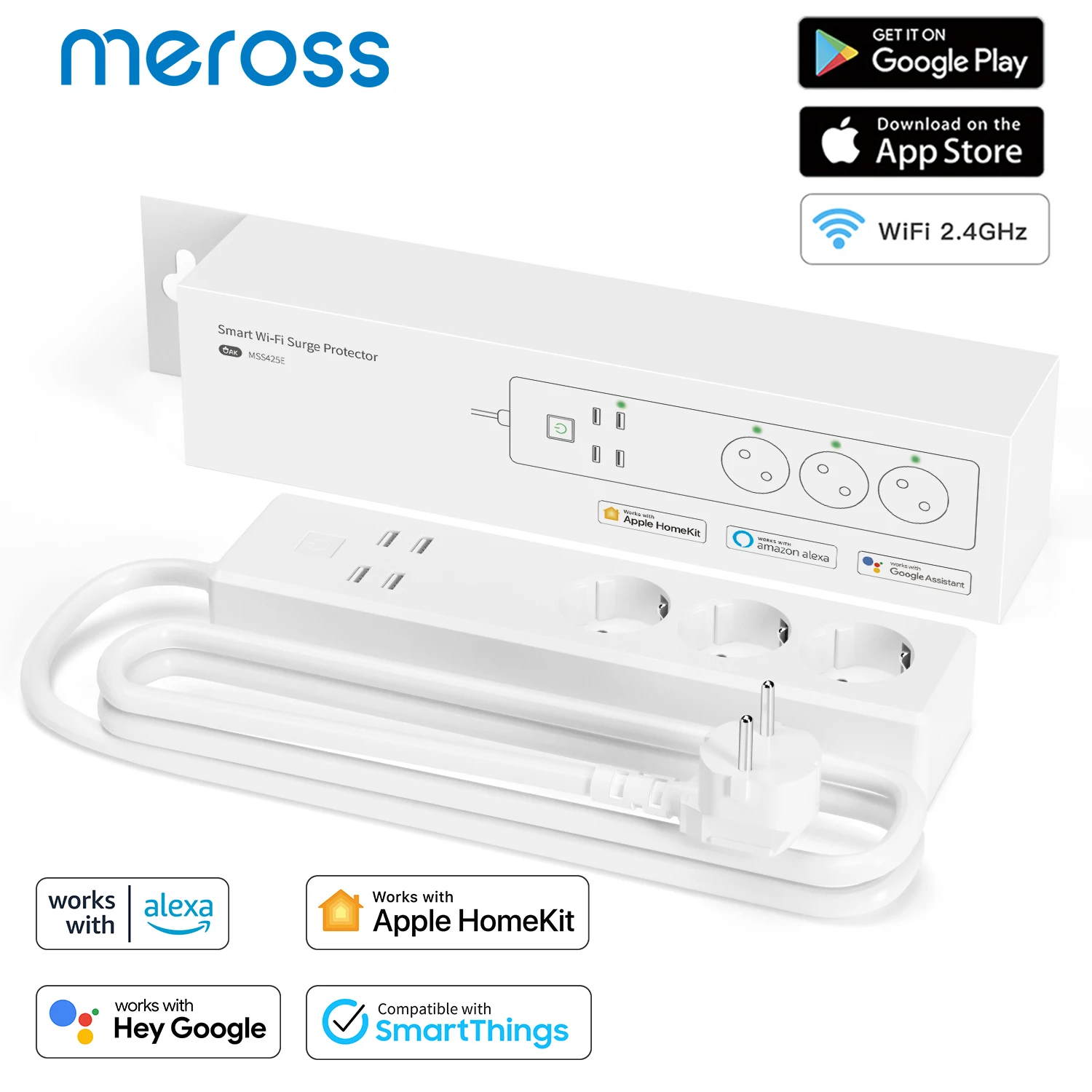 Meross homekit smare áram csík wifi Puffad Hátvéd EU/UK dugasz áram socken Alatámaszt siri alexa Google kereső Adjunktus smartthings