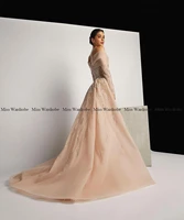 Nude Color Sequin Evening Dresses Off The Shoulder Beading Long Sleeves Tulle A Line Slit Floor Length Formal Prom Party Gowns - Image 5