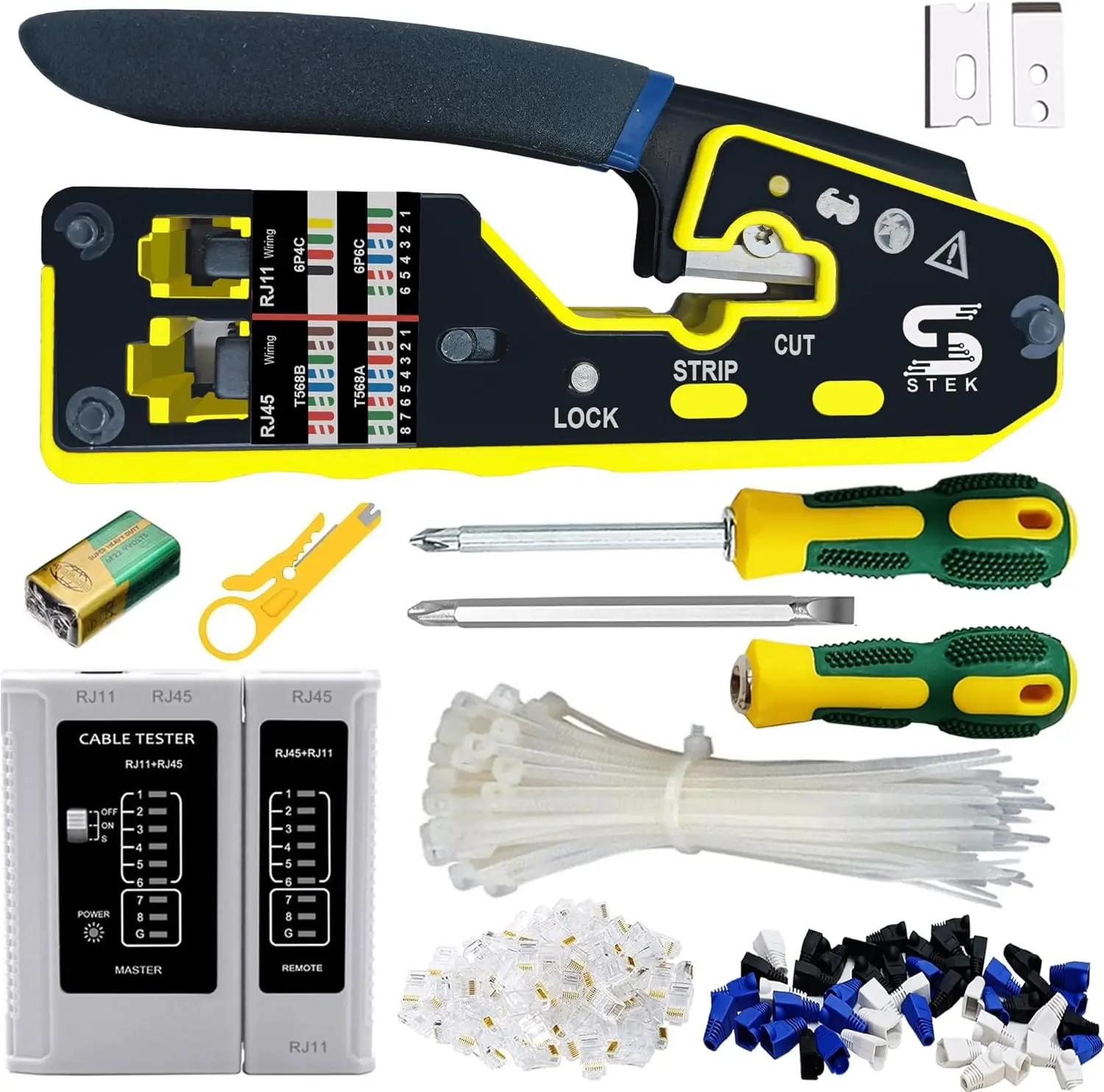 RJ45 All in One Pass Through Ethernet Crimping Tool for Cat5/Cat6/Cat7 & RJ11 Telephone Cable Cutter Tester Stripper Screwdriver