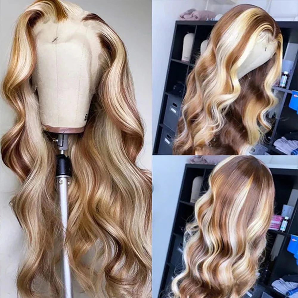 P4/613 HD Lace Frontal Wig Human Hair 200 Density Highlight Wig Body Wave Blonde Colored Human 13X4 Lace Front Wig Preplucked