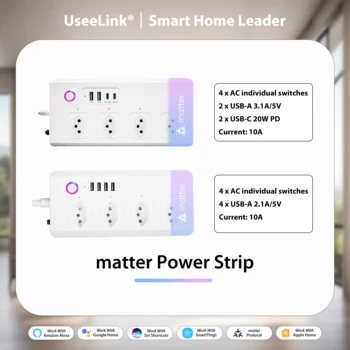 UseeLink Matter Smart Socket Household Socket PD 20W With 4 AC 2 Type-C Compatible Alexa Google Home Smart Home Tuya Smart Life
