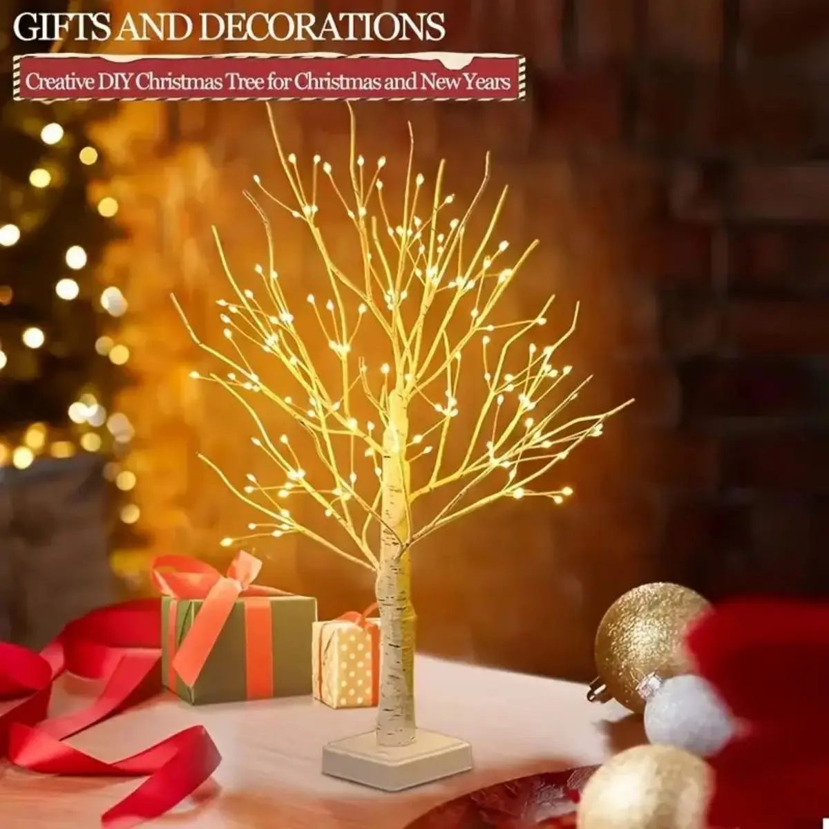 1pc 144 LED Birch Tree Lights, Warm White Light, USB And 3AA Battery Powered (Not Included), Holiday  Decorative Tree 6