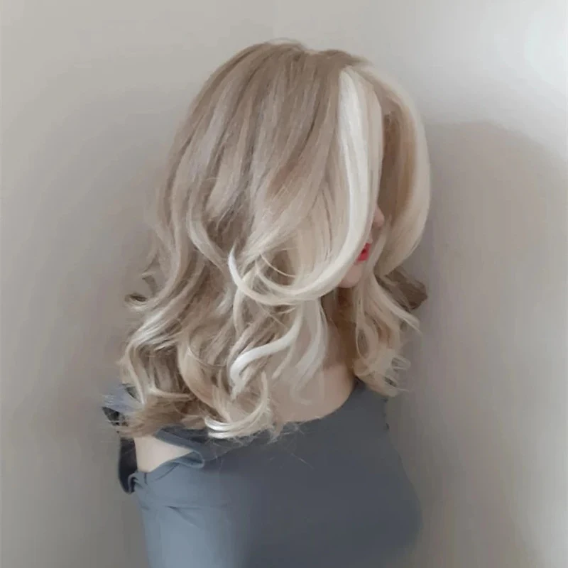 Ash Blonde Lace Front Wig Curly Money Piece Highlights Short Wig 16'' Heat Resistant Synthetic Hair Lace Wigs Ladies Daily Use