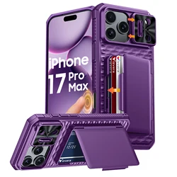 Sleek Black Phone Case with Card Holder, Sliding Camera Cover, and Stand - iPhone 17 Pro (PURPLE)