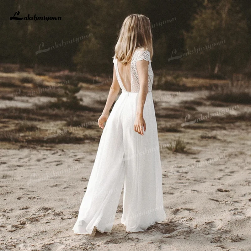 Boho Simple V-neck Sexy Backless Button Sashes Lace Jumpsuit Wedding Dress Chiffon Bridal Gown Short Cap Sleeve Vestido De Noiva