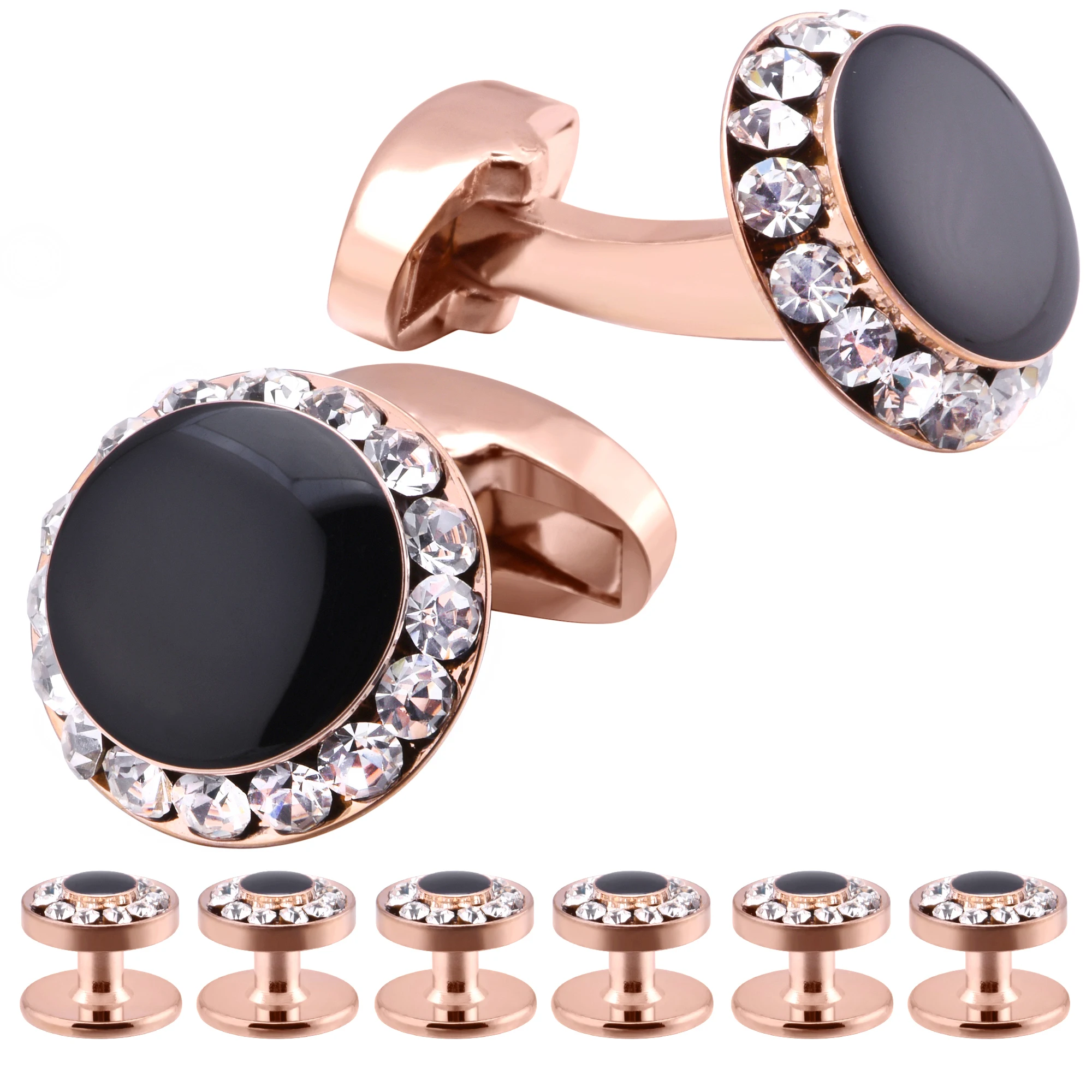 Luxury Cufflinks and Studs Set for Men,Classic Black Enamel&Crystal Tuxedo Shirt Cufflinks set for Wedding Jewelry Accessories