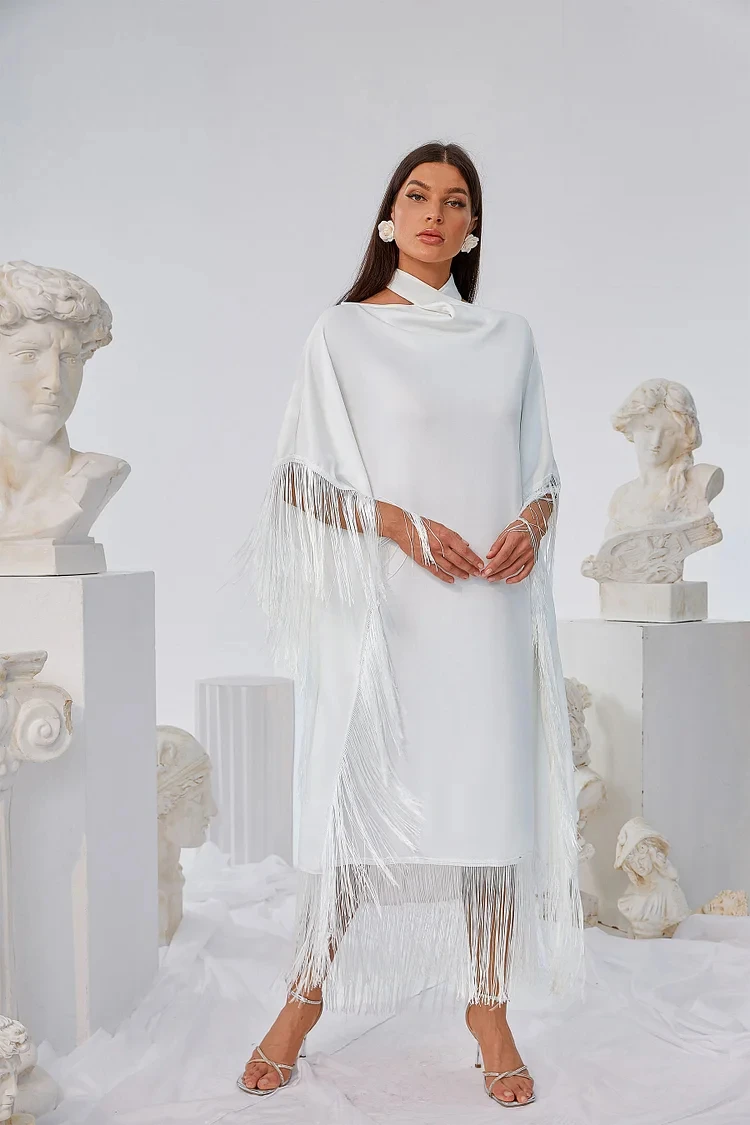 Women's luxurious elegant Evening  White Tassel Cross Halter One piece Birthday  Evening  Cocktail Club Party Dress