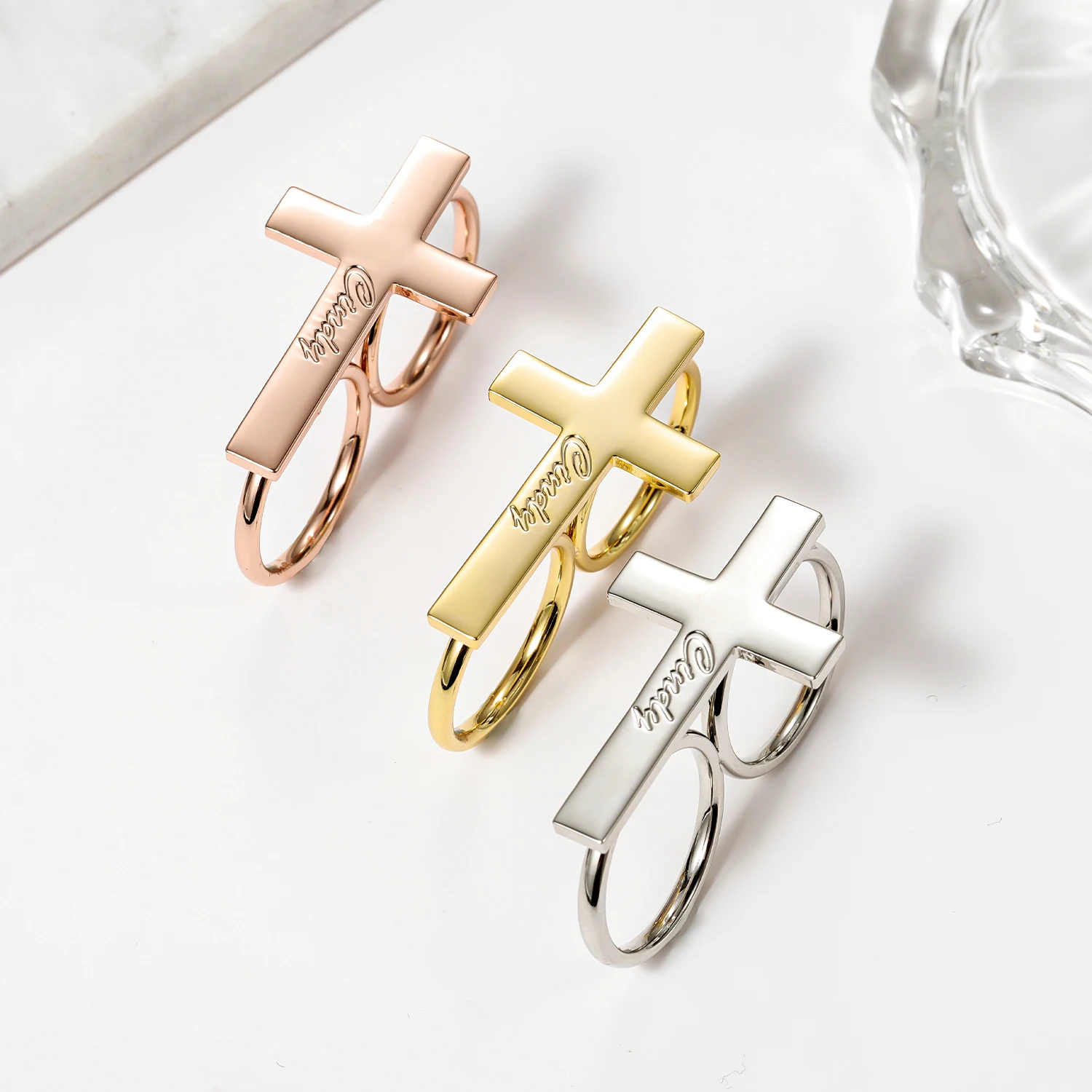 【新品/未使用】LOHME Cross Double Finger Ring S Personalized Double Finger Cross Name Ring 18K Gold Plated
