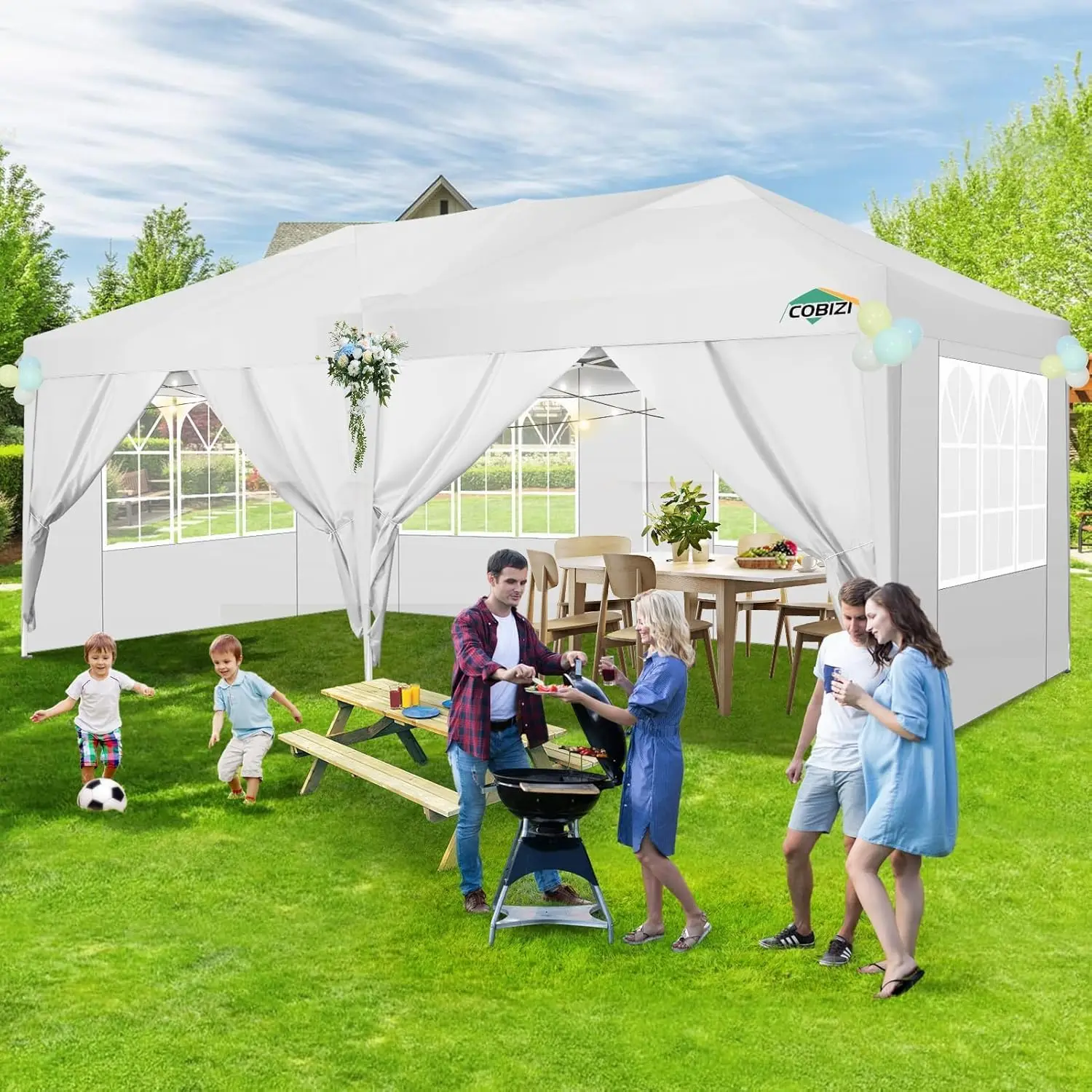 3x6m Folding Pavilion Waterproof Stable Party Tent with 6 Side Panels Pop-up Garden Canopy 3 Height Adjustable for Beach,Wedding