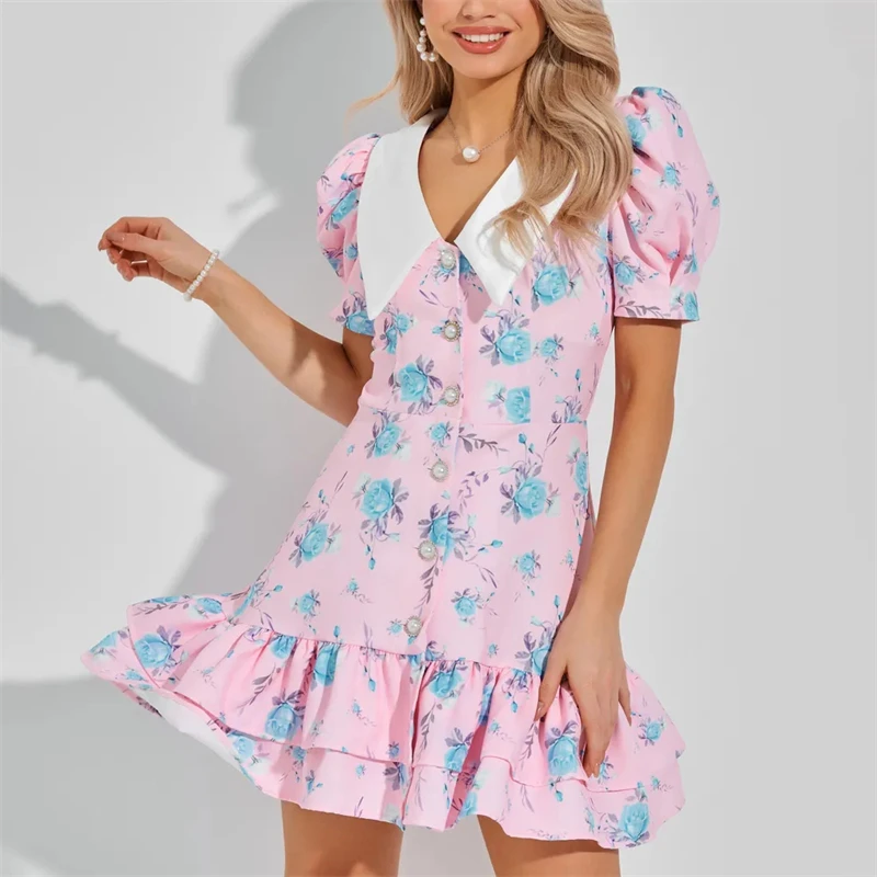 Floral Puff Sleeve Mini Dress V-Neck Ruffled Hem & Pearl Button Detail