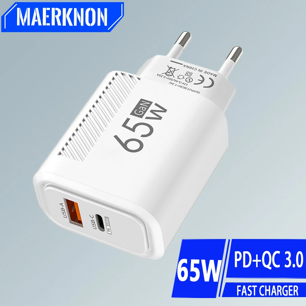 Chargeur GaN 65W USB-C – Adaptateur Mural Noir 2 Ports, Rapide Et Compact