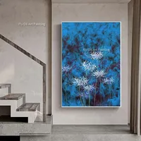 Hand Painted Abstract Blue Floral Oil Painting Textured Spider Lily Canvas Wall Art Unique Vertical Picture for Bedroom Decor 3