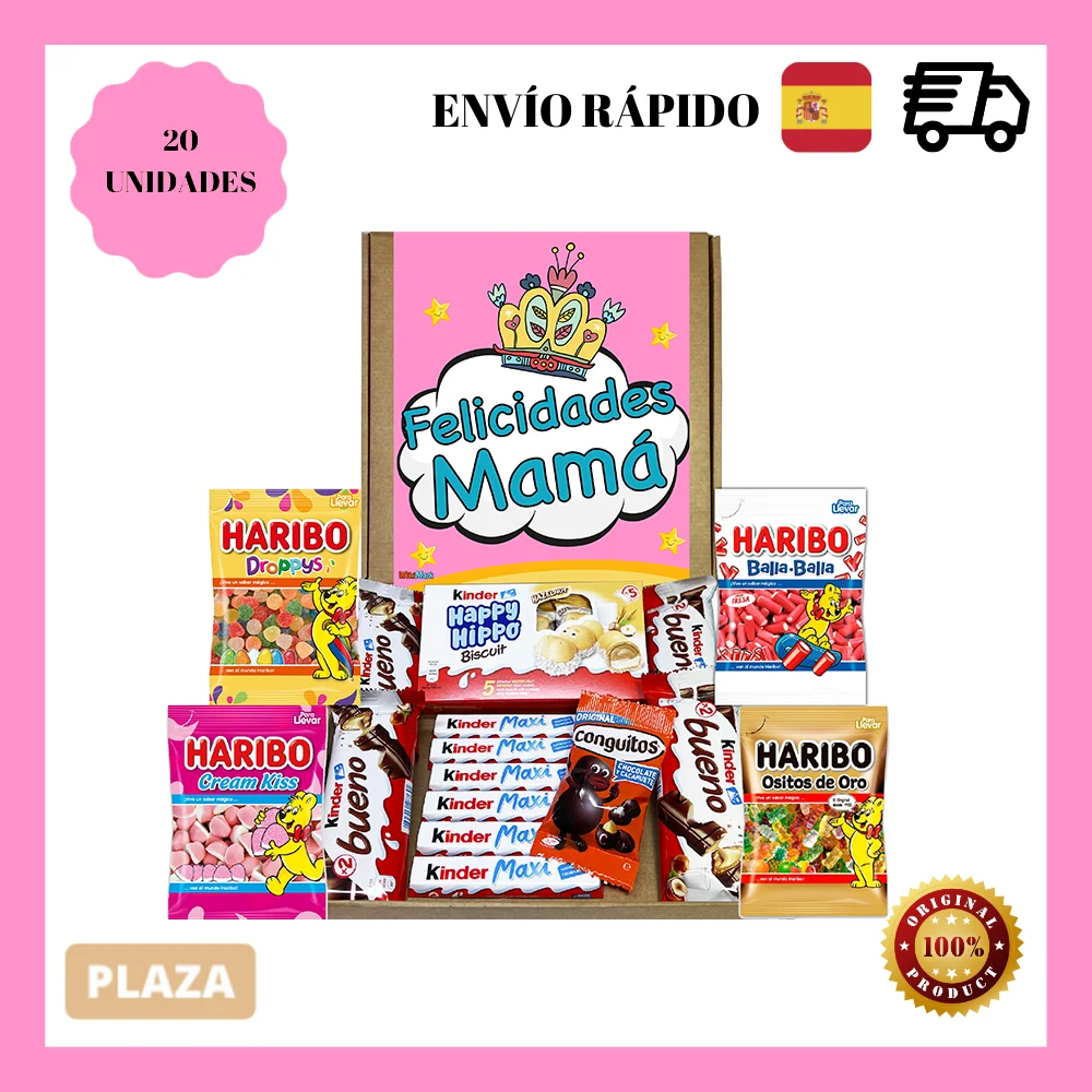Regalo Cumpleaños Mamá. Chocolate Kinder Variada y Ositos Haribo, Caja de Bombones Chocolate Kinder, Cesta de Regalo de Chocolate Día de la Madre.