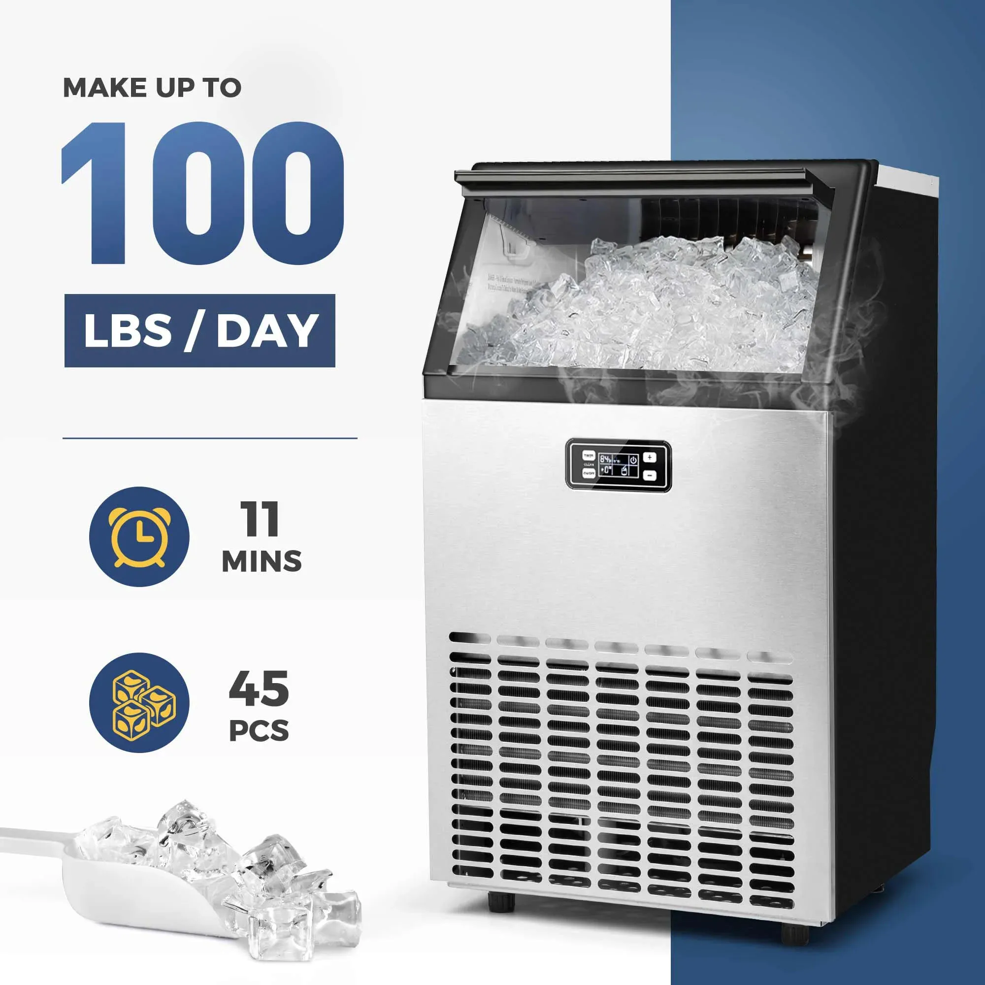 Commercial Ice Maker Machine, 101lbs/24H Stainless Steel Under Counter ice Machine with 32lbs Ice Storage Capacity, Frees 2